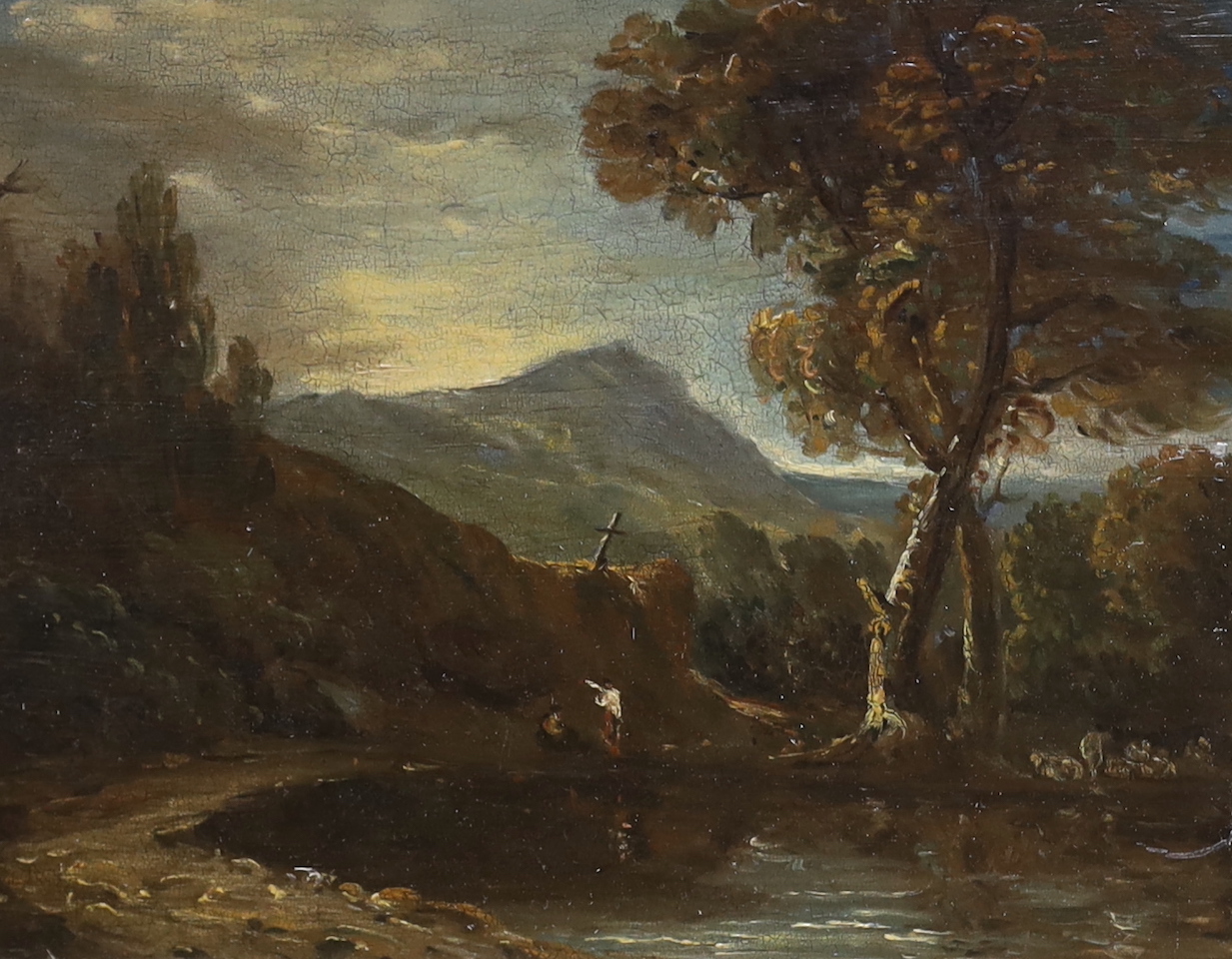 Continental School, oil on board, Two figures before a landscape, 22 x 17cm